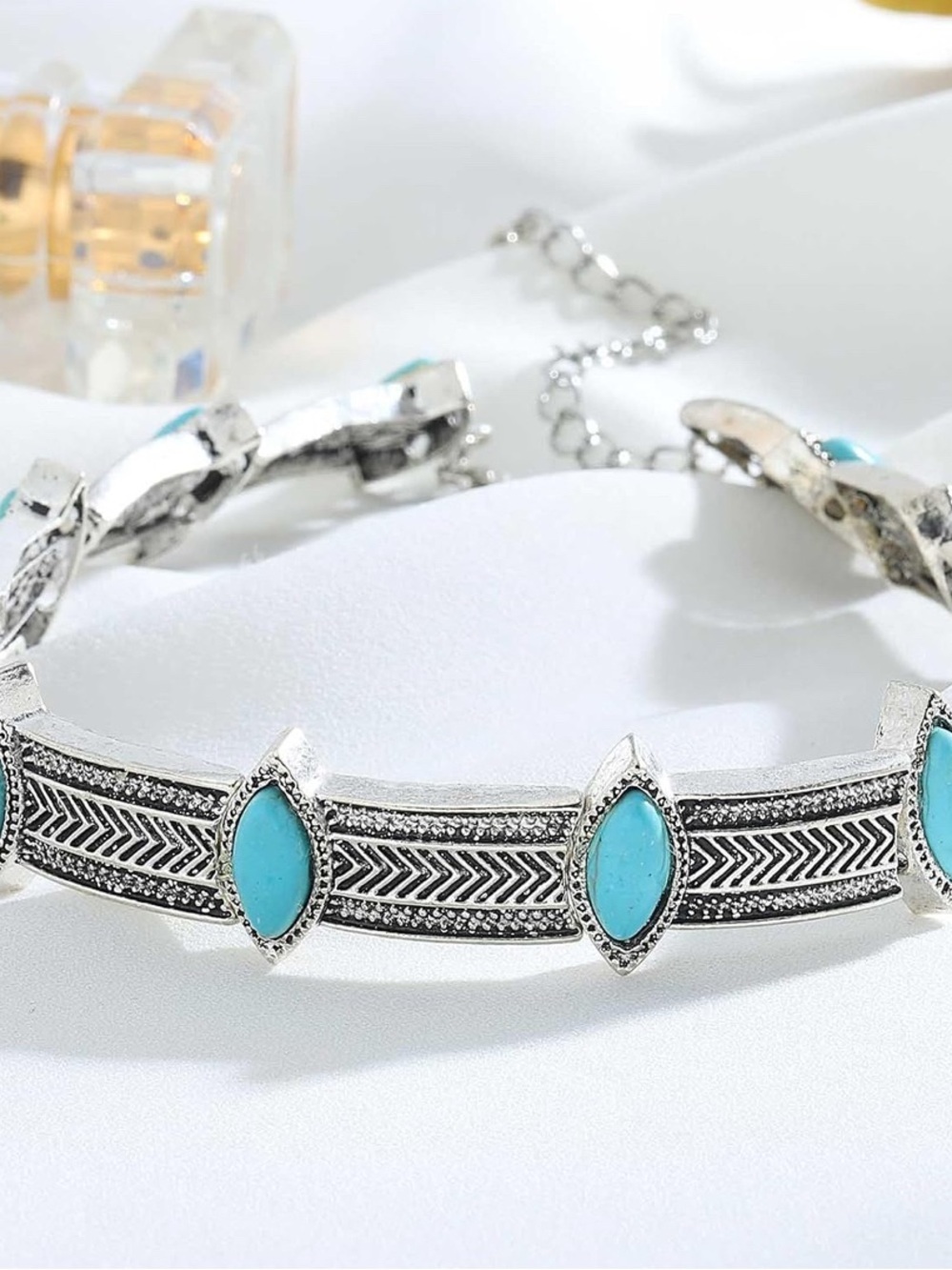 Turquoise Marquise Silver Choker Necklace NEW